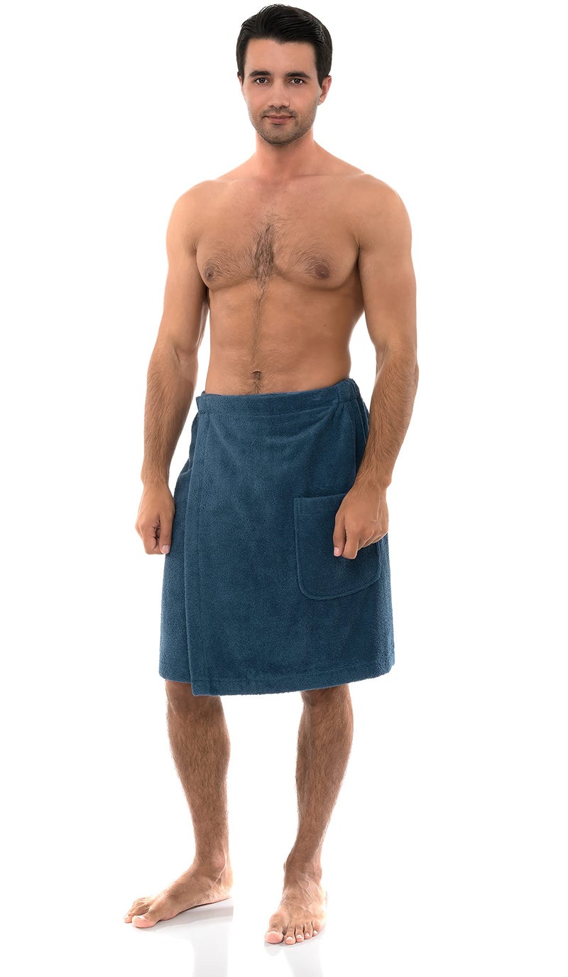 TowelSelections Mens Shower Wrap Adjustable Cotton Terry Bath Gym Cover Up with Snaps Small/Large Stellar Blue - Image 3